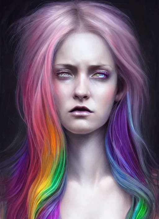 Prompt: diffuse lighting, fantasy, intricate, elegant, highly detailed, lifelike, photorealistic, digital painting, artstation, illustration, concept art, smooth, sharp focus, Ultra realistic full body portrait of a grungy woman with rainbow hair, drunk, angry, soft eyes and narrow chin, dainty figure, long hair straight down, torn overalls, basic white background, side boob, in the rain, wet shirt, art by John Collier and Albert Aublet and Krenz Cushart and Artem Demura and Alphonse Mucha,