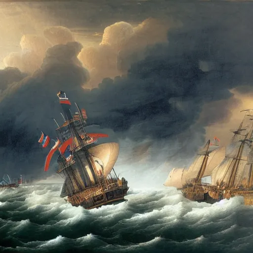 Prompt: trafalgar naval battle, stormy weather