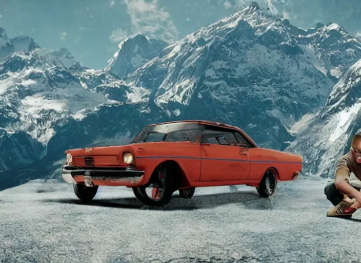 Image similar to a very high resolution image from a new movie, eminem driving a car. mountains, directed by wes anderson