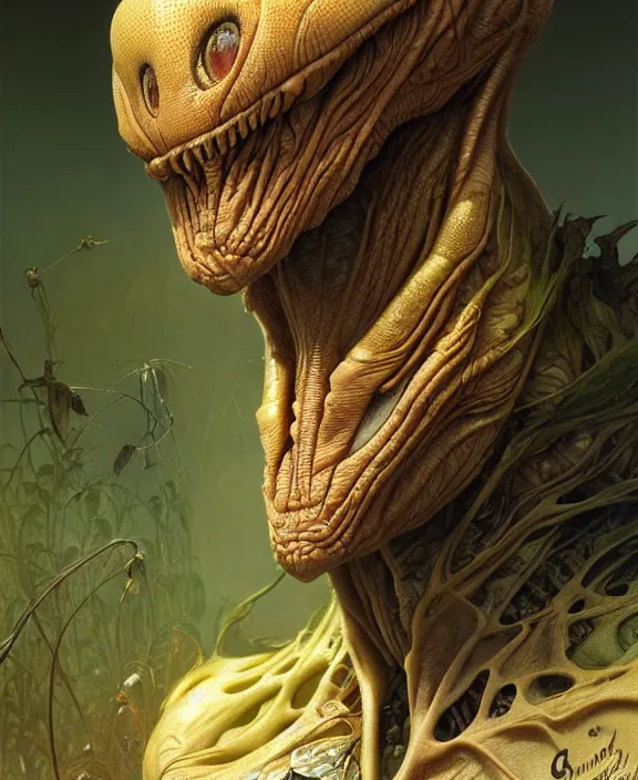 Image similar to intricate earth - toned portrait of a scary alien insect creature, mottling coloring, adorable, childlike, overgrown environment, ultra realistic, concept art, maximalist, photorealistic, octane render, 8 k, unreal engine. art by christopher marley and artgerm and greg rutkowski and alphonse mucha