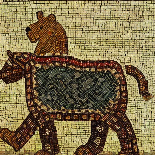 Prompt: a large teddy bear wearing chainmail, on a horse byzantine mosaic