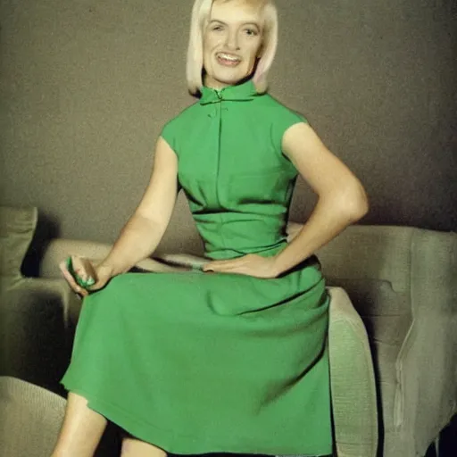 Prompt: A 50-year-old blond woman in a green textured dress with a high collar. 1960's. she's striking, graceful, and elegant.
