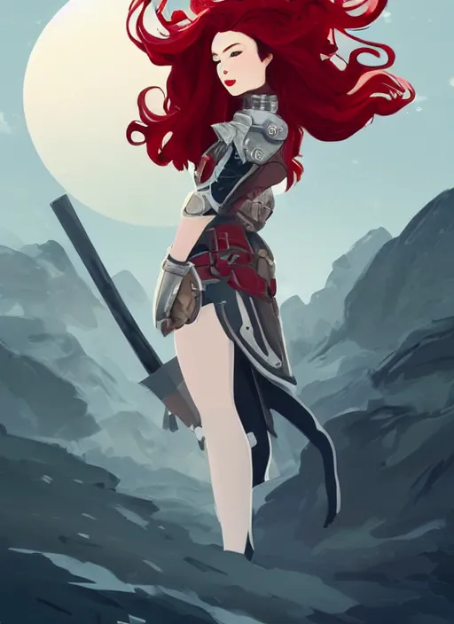 Image similar to a young woman in full plate armor with beautiful hair and red lips stages in a dramatic pose. she is a knight. clean cel shaded vector art. shutterstock. behance hd by lois van baarle, artgerm, helen huang, by makoto shinkai and ilya kuvshinov, rossdraws, illustration, art by ilya kuvshinov