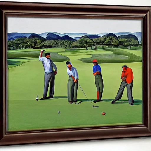 Image similar to Three golfers on a beautiful golf course driving range, by Diego Rivera