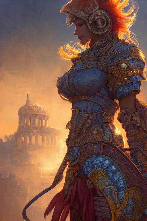 Image similar to portrait knights of Zodiac girl, metalic orange and dark blue reflected armor, in ruined Agora of Athens sunrise, ssci-fi, fantasy, intricate, very very beautiful, elegant, golden light, highly detailed, digital painting, artstation, concept art, smooth, sharp focus, illustration, art by tian zi and WLOP and alphonse mucha