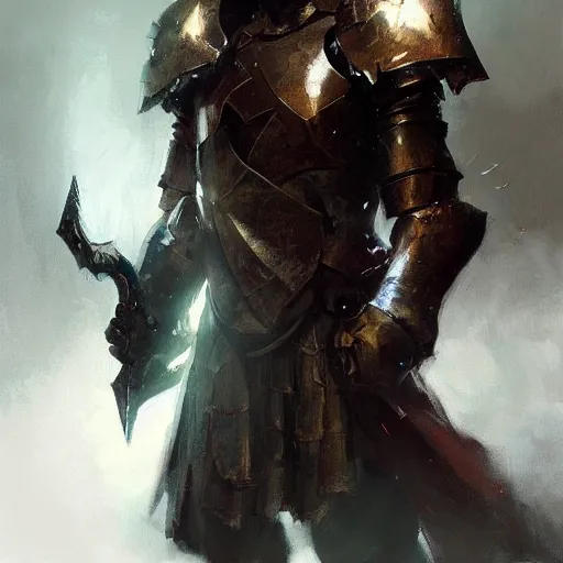 Prompt: Portrait painting of a paladin by greg rutkowski and Craig Mullins, Dark atmospheric and cinematic lighting