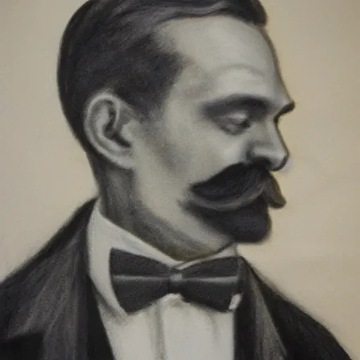 Image similar to charcoal portrait of an early 20th century occult detective mustache, bow tie