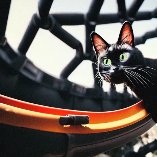 Image similar to happy black cat on a rollercoaster looping. focus on the cat. sunlight. polaroid photo. vivid colors.