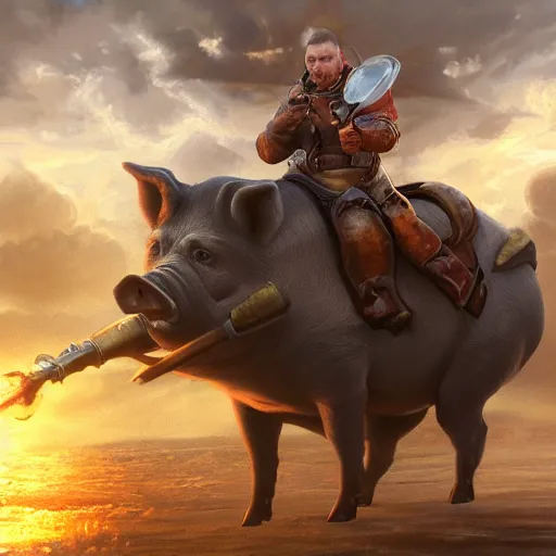 Prompt: oil painting of Putin as a pig, sharp focus, holding Sabre, fantasy style, octane render, volumetric lighting, 8k high definition, by greg rutkowski, highly detailed, trending on art Station, magic the gathering artwork, Battlefield backround, centered