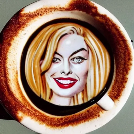 Prompt: photo of a cup of coffee with margot robbie latte art, highly detailed