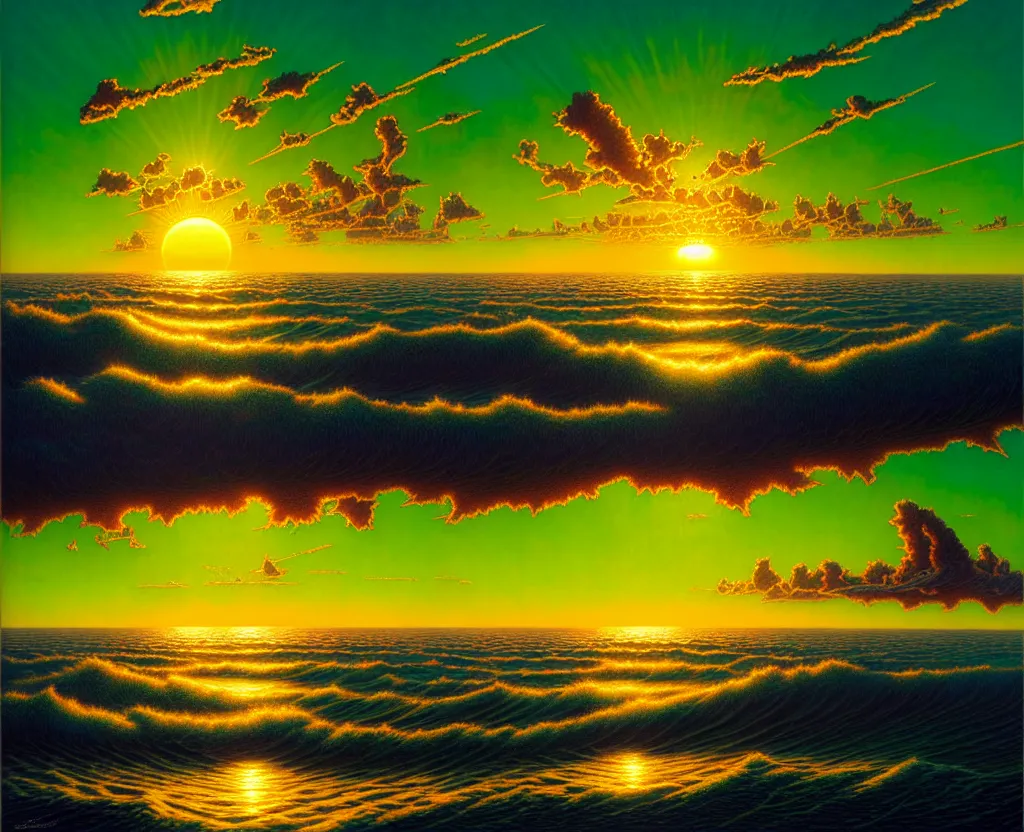 Prompt: the sun rising just above the horizon over the sea by dan mumford and vladimir kush and donato giancola and ted withers and peter driben and greg rutkowski and roberto ferri, green water, synthwave, retrowave, highly detailed, high contrast, intricate details, blended palette