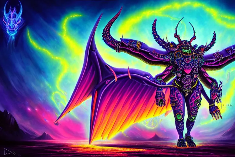Prompt: epic pose of rebulon the ancient demon, by lisa frank, masterpiece concept art, 8 k, intricate detail, cinematic lighting, epic pose, deep colors, majestic view