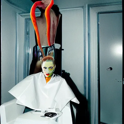 Prompt: a studio close - up portrait of a beautiful fashion model getting an haircut. surreal photograph, lo - fi, polished look, silly and serious, hermes ad, fashion photography, toiletpaper magazine, 3 5 mm photograph, colourful, by pierpaolo ferrari, maurizio cattelan, david lachapelle