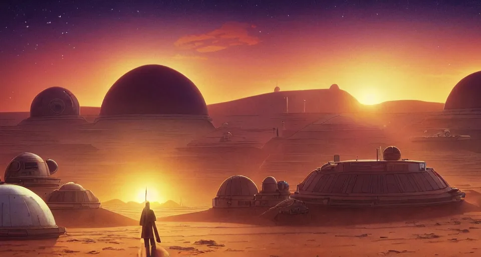 Prompt: beautiful wide shot tatooine landscape, Luke skywalker sunset, little domes, Star Wars a new hope 1977, studio ghibli, Miyazaki, Greg rutkowski, Alphonse mucha, Moebius, golden hour, highly detailed, hdr, vivid color, 70mm