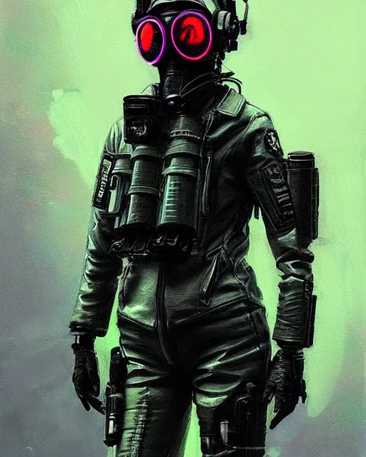 Image similar to detailed portrait neon female swat officer flying a jet, cyberpunk futuristic, neon, gas mask, reflective puffy coat, decorated with traditional japanese by ismail inceoglu dragan bibin hans thoma greg rutkowski alexandros pyromallis nekro rene margitte, fire & smoke, illustrated, perfect face, fine details, realistic shaded, fine - face, pretty face