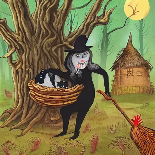 Prompt: a fabulous old witch with a cunning face, a long nose and a wart on it. there is a black cat nearby. the background of huge chicken paws on top is a hut. fabulous enchanting dense forest around. very clear image. hyperrealistic.