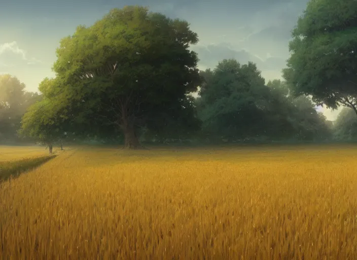 Image similar to Lush fields of wheat, anime, lush trees, a fantasy digital painting by Greg Rutkowski and James Gurney, trending on Artstation, highly detailed