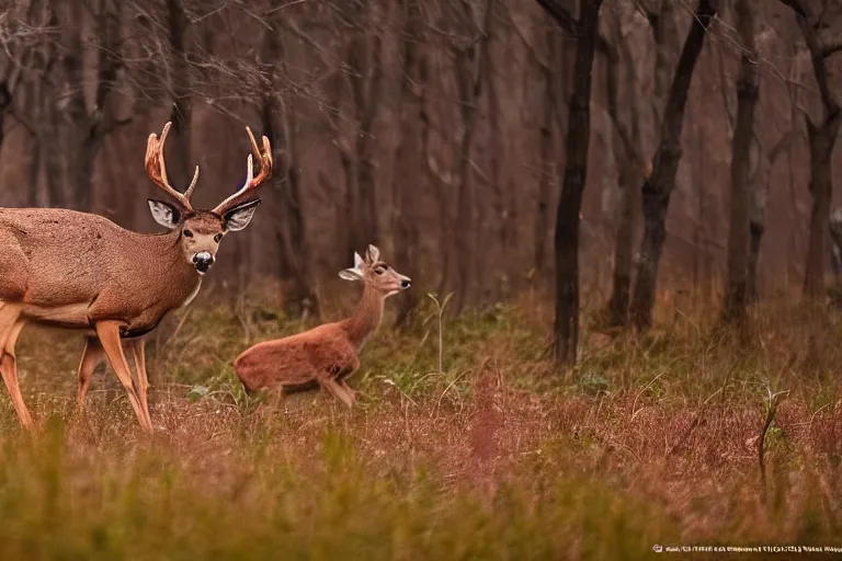 Image similar to a national geographic photo of deer that red color in forest, f 2,0, telephoto