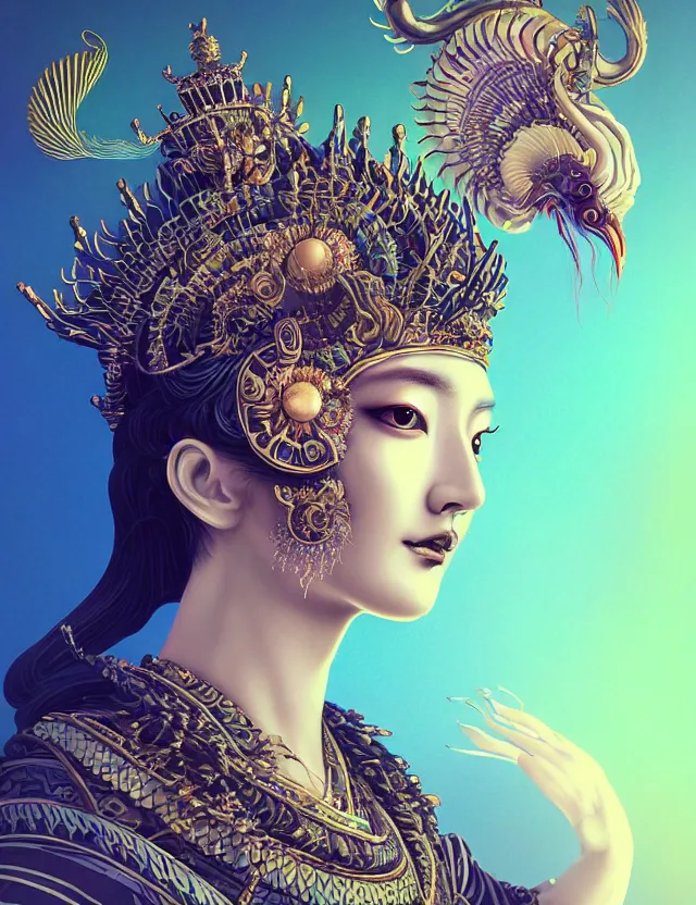 Image similar to 3 d goddess close - up portrait with crown, ram skull. beautiful intricately detailed japanese crow kitsune mask and clasical japanese kimono. betta fish, jellyfish phoenix, bioluminescent, plasma, ice, water, wind, creature, artwork by tooth wu and wlop and beeple and greg rutkowski