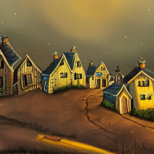 Prompt: a painting of a small village with crooked wooden houses designed by Tim Burton, the village is on a hill, the sky is dark with stars shining through, 4K,