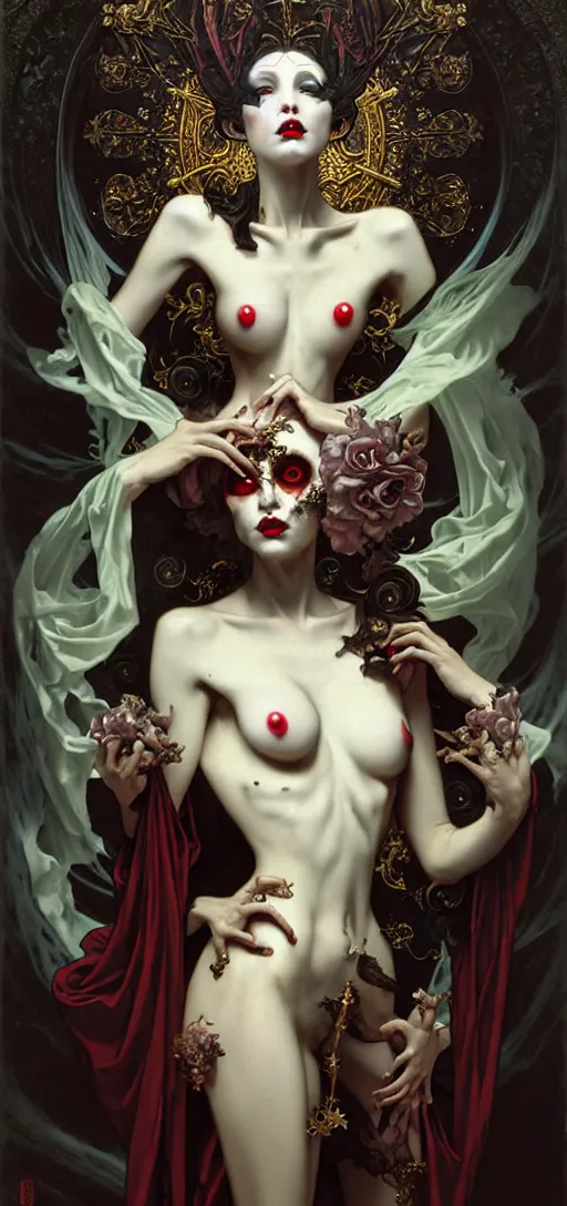 Image similar to baroque oil painting of vampire princess in gothic robes, by nekro, peter mohrbacher, alphonse mucha, brian froud, yoshitaka amano, kim keever, victo ngai, james jean