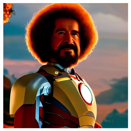 Image similar to a still of Bob Ross as Ironman. Magic Hour. Professional photography, 4K. Mood