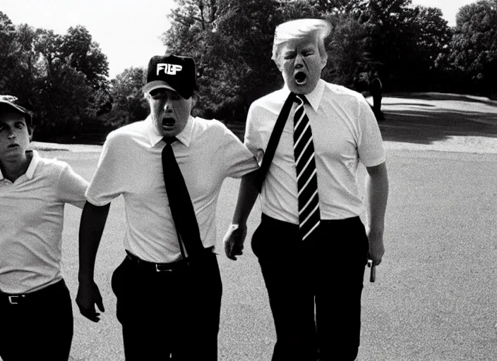 Image similar to criminal Donald Trump taken away by two young FBI agents at golf course, photo by Alex Webb