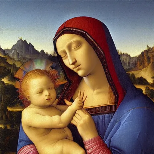 Prompt: very detailed oil painting of The Virgin Mary with God Child, landscape background, very detailed faces, by Leonardo Da Vinci