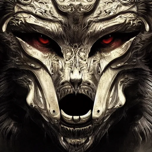 Image similar to Very very very very highly detailed epic photo of face with werewolf venetian mask, intricate, dystopian, sci-fi, extremely detailed, digital painting, artstation, concept art, smooth, sharp focus, illustration, intimidating lighting, incredible art by Vincent di Fate