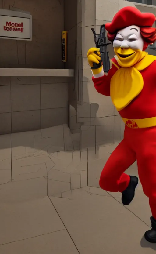 Image similar to ronald mcdonald robbing a bank holding a gun. he has taken hostages. high quality. unreal engine, embers flying, hyper realism, realistic shading, cinematic composition, blender render, octane render, ultrawide shot, photorealistic. hq. hd. 4 k. award winning. trending on artstation