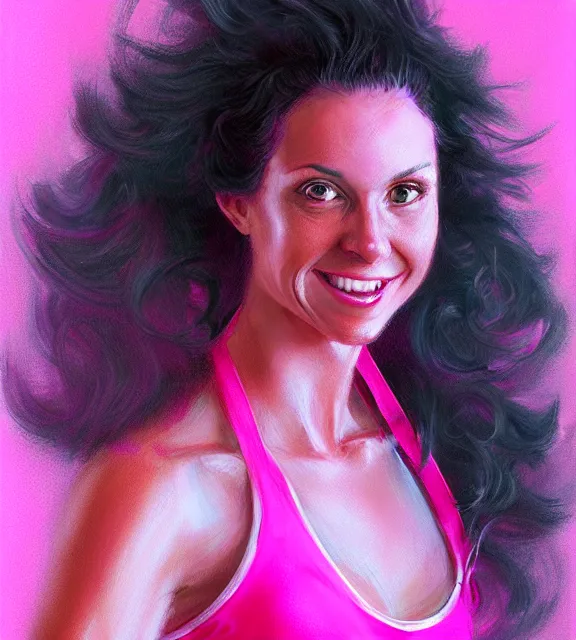 Prompt: female jazzercise instructor, perfect face, 1 9 8 0 s hairsprayed hair, hot pink halter top, flowing hair, fit, cinematic, blush, stunning, agile, highly detailed, digital painting, artstation, smooth, hard focus, illustration, art by jessica rossier and and brian froud