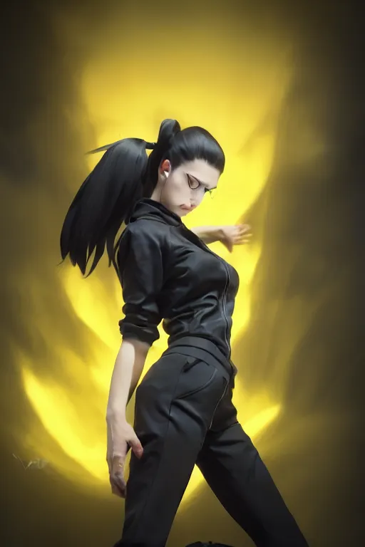 Prompt: black ponytail hair, pale woman in a black unzipped jacket, black shorts, yellow eyes, by artgerm, hair tied in a ponytail, black backdrop, masterpiece, beautiful render, matte painting, realistic, dynamic angle, wlop, loish, octane render, sharp focus, decadent, by greg rutkowski makoto shinkai