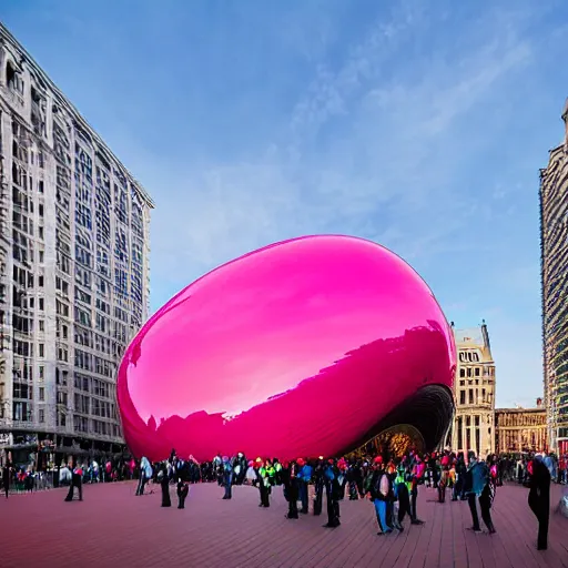 Image similar to the bean sculpture by anish kapoor painted pink, photograph, high resolution