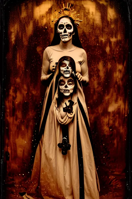 Image similar to calotype, tintype, virgin mary in dia de muertos dress and make up, horrific beautiful vibe, evocative, atmospheric lighting, painted, intricate, highly detailed, leesha hannigan, wayne haag, reyna rochin, ignacio fernandez rios, mark ryden, iris van herpen, stunning, gorgeous, sharp focus, cinematic, masterpiece