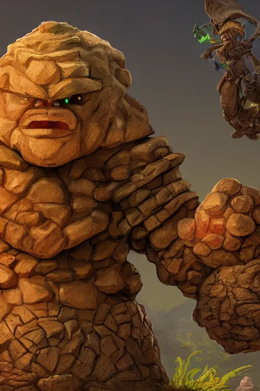 Image similar to zelda fantasy art giant golem troll wood rock greeble gemstone, global illumination ray tracing hdr fanart arstation by sung choi and eric pfeiffer and gabriel garza and casper konefal