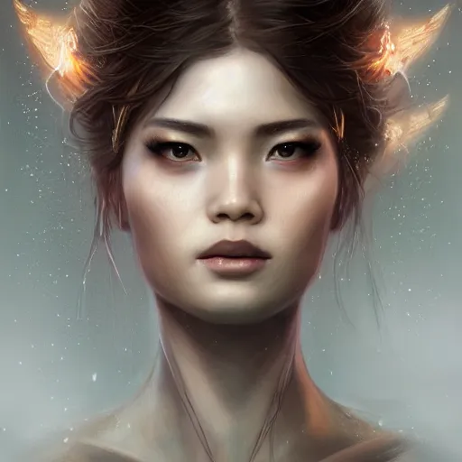 Prompt: lightning angel character portrait, Asian face, cinematic lighting, glowing golden eyes, hyper-detailed, cgsociety, 8k, high resolution, in the style of Charlie Bowater, Tom Bagshaw, Artgerm, single face, symmetrical, headshot photograph, insanely detailed and intricate, beautiful, elegant, watercolor, cinematic, portrait, Raphaelite, headroom, artstation