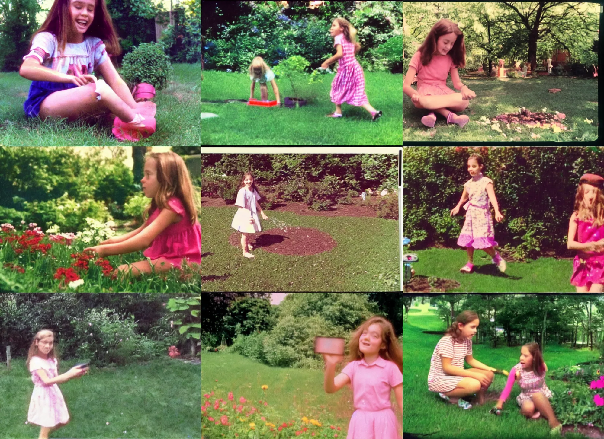 Prompt: Home video footage, A preteen girl playing in the garden, summer. Color VHS picture quality with mixed noise, Filmed by dad.