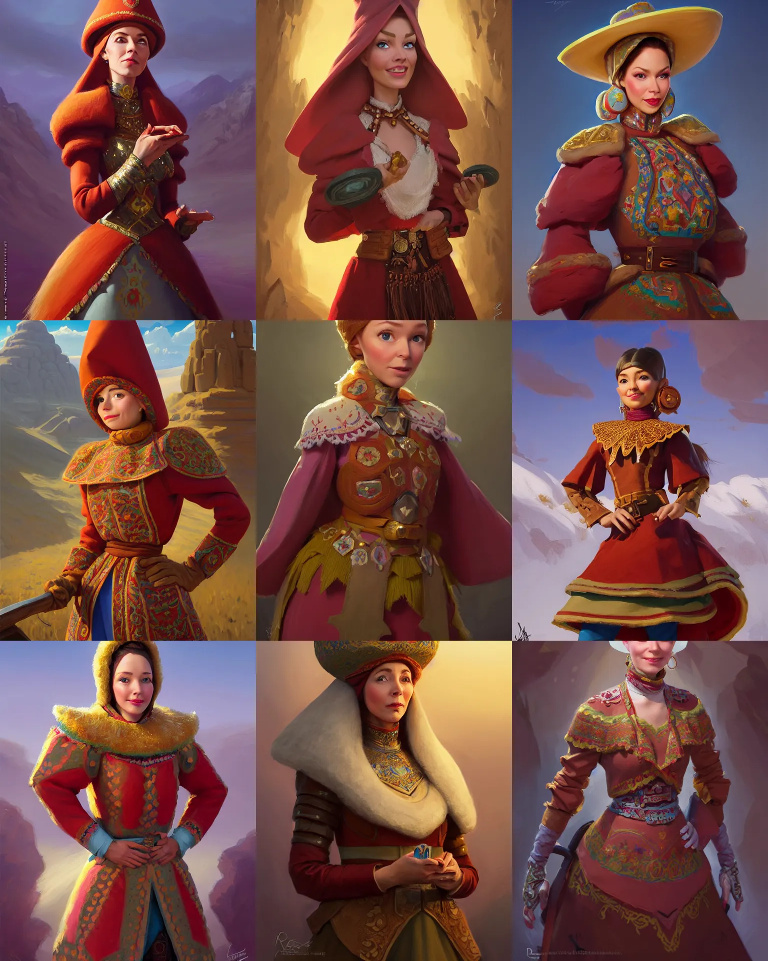 Prompt: portrait of russian mexican tatar happy woman jodhpurs hyperborea, pixar doll lether coat wooden deep focus, d & d, fantasy, elegant, highly detailed, digital painting, artstation, concept art, matte, sharp focus, illustration, hearthstone, art by rhads by artgerm and greg rutkowski and sorolla and leyendecker