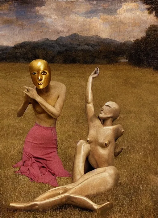 Prompt: a golden robot is held tenderly by a cloth draped woman in a field, a renaissance painting by steven belledin, featured on cg society, transgressive art, androgynous, genderless, dystopian art