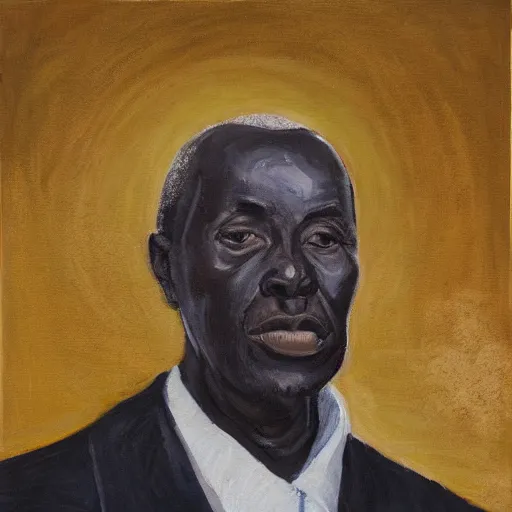 Image similar to a painting of a fatherly, aquiline nose, wide forehead, round face, XXL , loving, caring, generous, ever-present, humble, wise elder from Kenya with a friendly expression in a suit by Lynette Yiadom-Boakye . Fatherly/daddy, focused, loving, leader, relaxed,. ethereal lights, details, smooth, sharp focus, illustration, realistic, cinematic, artstation, award winning, rgb , unreal engine, octane render, cinematic light, macro, depth of field, blur, red light and clouds from the back, highly detailed epic cinematic concept art CG render made in Maya, Blender and Photoshop, octane render, excellent composition, dynamic dramatic cinematic lighting, aesthetic, very inspirational, arthouse.