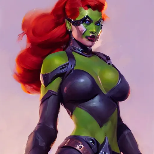 Prompt: greg manchess portrait painting of armored poison ivy as overwatch character, medium shot, asymmetrical, profile picture, organic painting, sunny day, matte painting, bold shapes, hard edges, street art, trending on artstation, by huang guangjian and gil elvgren and sachin teng