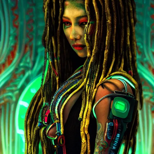 Prompt: Cyberpunk rasta woman, dark atmosphere, cinematic shot, intricate, ornate, photorealistic, ultra detailed, realistic, 35mm, photography, neon, octane, high definition, depth of field, bokeh, 8k, artstation, (alphonse mucha), (hr giger)