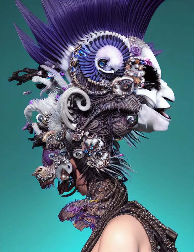 Image similar to 3 d goddess close - up profile portrait punk with mohawk with ram skull. beautiful intricately detailed japanese crow kitsune mask and clasical japanese kimono. betta fish, jellyfish phoenix, bio luminescent, plasma, ice, water, wind, creature, artwork by tooth wu and wlop and beeple and greg rutkowski