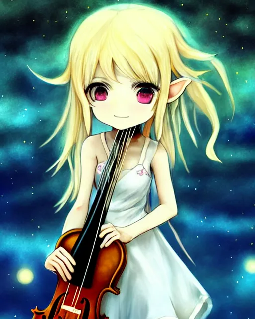 Image similar to chibi, cute, female, full body, elf girl with white skin and golden long wavy hair, holding a violin and playing a song, stunning art style, filters applied, lunar time, night sky, trending art, sharp focus, centered, landscape shot, fate zero, simple background, studio ghibly makoto shinkai yuji yamaguchi, by wlop