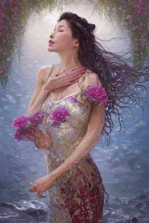 Image similar to portrait of a beautiful woman wearing a cheongsam dress, holding a bouquet of flowing flowers, drenched body, wet dripping hair, emerging from the water, fantasy, regal, fractal crystal, fractal gems, by stanley artgerm lau, greg rutkowski, thomas kindkade, alphonse mucha, loish, norman rockwell