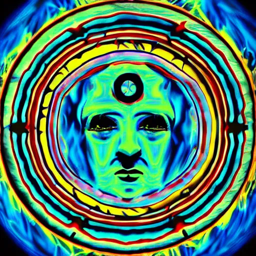 Image similar to silhouette of man, facing a bright blue evil spirit, psychedelic, 8K digital art, award winning