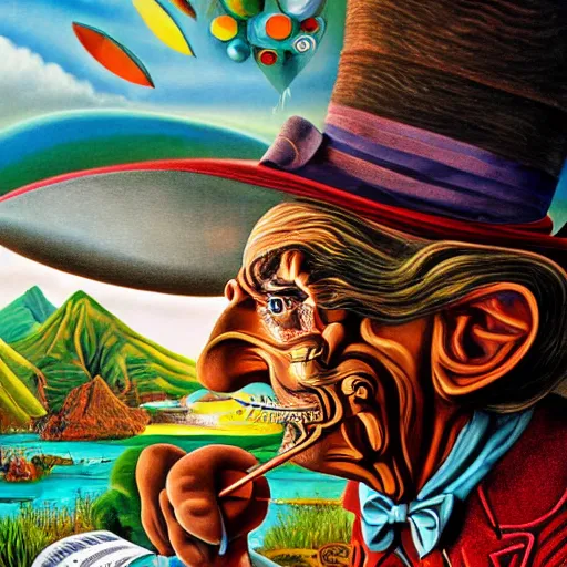 Prompt: close up of the mad hatter who looks like salvador dali in wonderland by jacek yerka and salvador dali, detailed matte painting, 8 k resolution