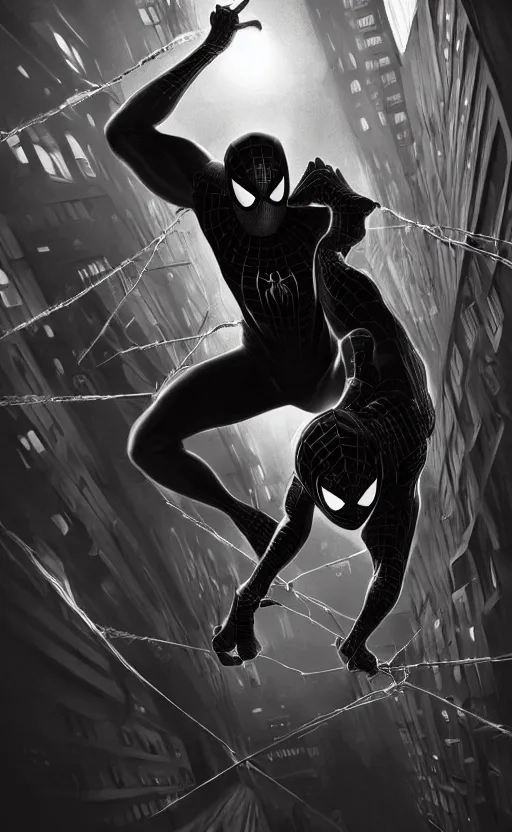 Image similar to spiderman noir, dynamic lighting, photorealistic fantasy concept art, trending on art station, stunning visuals, creative, cinematic, ultra detailed