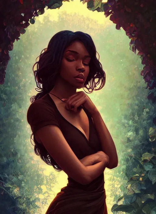 Image similar to handsome young black women with shoulder length brown hair, half body shot, path traced, highly detailed, high quality, digital painting, alena aenami, lilia alvarado, shinji aramaki, karol bak, alphonse mucha, tom bagshaw