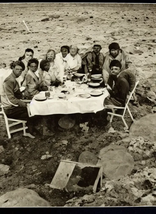 Prompt: old photo of a people dining on the surface of the moon